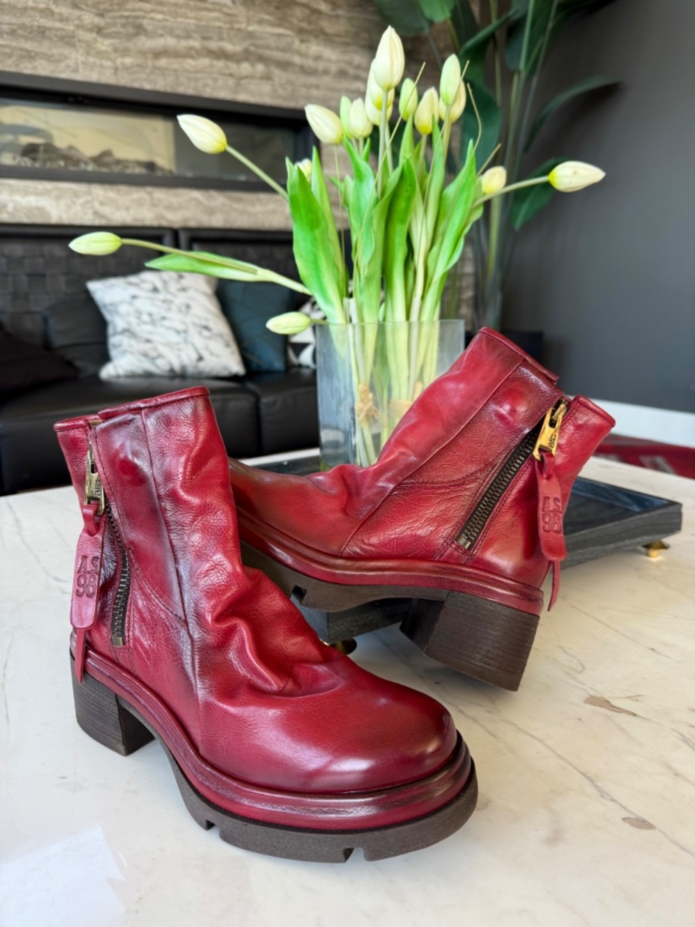 New A.S.98 Eire Ankle Zip Leather Boots Red - Picture 12 of 16